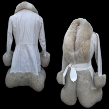 Load image into Gallery viewer, 60’s 70’s LIlli Ann White Leather and Fluffy Shearling Tuxedo Trim Boho Chic Coat Made in England 40” Bust