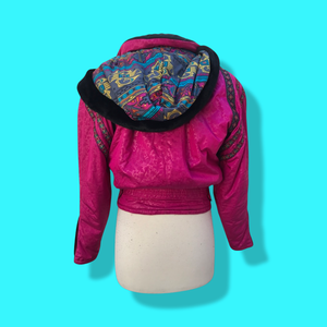 80’s 90’s Hot Pink Hooded Ski Windbreaker Jacket Cropped Tapered Waist Southwestern Aztec Trim