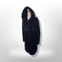 Load image into Gallery viewer, Jet Black Hooded Mink and Shearling Luxury Coat with Rhinestone Button