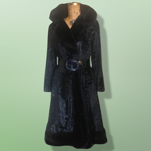 Load image into Gallery viewer, 60s 70s Black Faux Fur Faux Persian Lamb Princess Coat Jeweled Belt Russian Princess M/L Boho