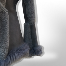 Load image into Gallery viewer, Gray Blue Suede Shearling Hooded Flare Bell Sleeve Coat