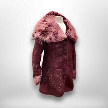 Load image into Gallery viewer, Italian made Purple Bergundy Lamb Leather and Shearling Hooded Studded Coat Jacket