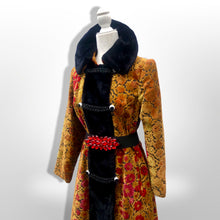 Load image into Gallery viewer, 60s 70s Vintage Gold And Red Floral Carpet Tapestry Coat Velvet Sherpa Boho Chic Burning Man Woodstock Russian Princess Sergeant Pepper's