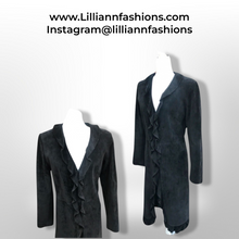 Load image into Gallery viewer, Black Suede Duster with Ruffle Tuxedo Collar Boho