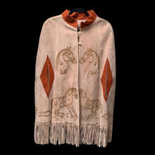 Load image into Gallery viewer, 70’s Suede Poncho Cape with Carved Horse Scene Mint Condition Fringe Border One Size Fits All