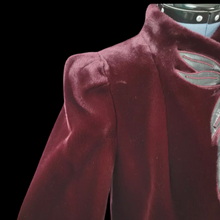 Load image into Gallery viewer, Vintage Red Wine Bergundy 80’s Does 40’s Puff Sleeve Coat Faux Fur with Leather Intarsia Glam Old Hollywood Glamour Vegan