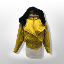 Load image into Gallery viewer, 80’s 90’s Yellow Mustard Hooded Ski Windbreaker Jacket Cropped Tapered Waist Southwestern Aztec Trim