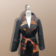 Load image into Gallery viewer, 70’s Black Patchwork Leather Trench Coat Spy
