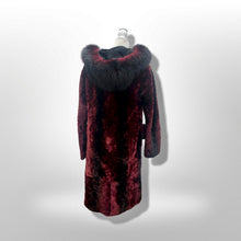 Load image into Gallery viewer, Genuine Fur Hooded Coat Shearling and Fox Fur Bergundy Iridescent and Black Gothic Ombré Victorian