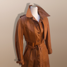 Load image into Gallery viewer, 70’s Vintage Two Piece with Removable Vest with Coat Leather Caramel Colored Trench Spy Coat Belted