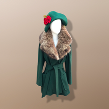 Load image into Gallery viewer, Vintage Forest Green 100% Wool Wrap Coat with Genuine Fur Collar