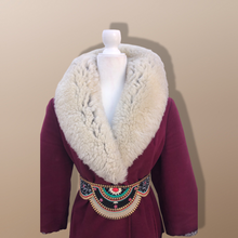 Load image into Gallery viewer, Women's Vintage Coat~ 70s Maroon Red Velveteen Velvet Shearling Tiered Princess Beaded  Belted Coat Fit Flare Penny Lane Almost Famous