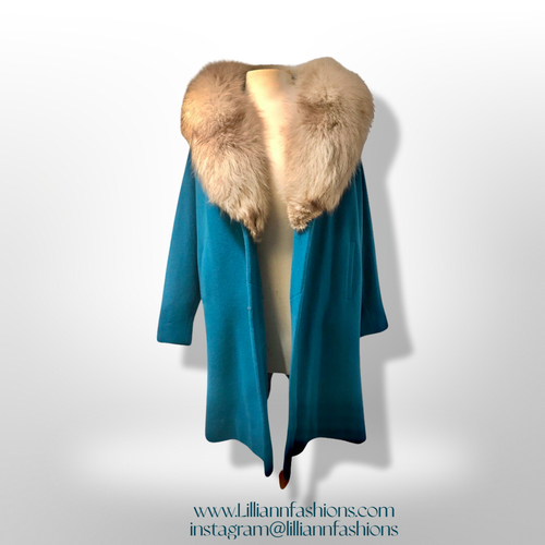 60’s Vintage Turquoise Teal Blue Fox Fur Swing Coat