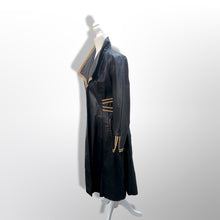 Load image into Gallery viewer, 70’s Leather Black Trench Spy Coat with Gold Braided Leather Trim
