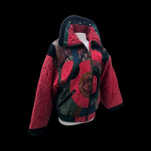 Vintage 80’s 90’s Neiman Marcus Puffer Real Down Feather Filled Mixed Media Red Nylon Tooled Leather and Velvet Chubby Coat Apres Ski