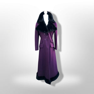 60’s 70’s Plum Purple Long Princess Coat with Sharp Tailoring and Faux Fur Trim