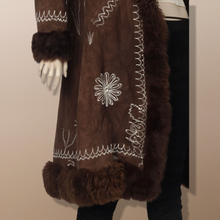 Load image into Gallery viewer, 70’s Penny Lane Brown Hooded Embroidered Suede and Shearling Coat Boho Princess Burning Man Authentic Vintage Hippy Princess