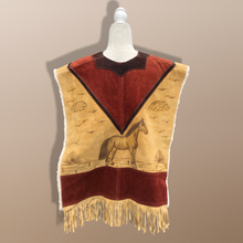 Load image into Gallery viewer, 70’s Suede Poncho Cape Equestrian Serape with Carved Horse Scene Mint Condition Fringe Border One Size Fits All Cowboy Cowgirl Unisex Southwestern Mexican Native Boho One of A Kind