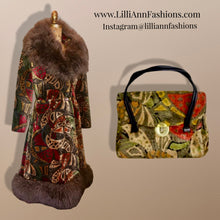 Load image into Gallery viewer, 70’s Vintage Coat Velvet Boho Lamb Shearling Tapestry Coat Gold Bergundy Brocade Carpet Hippy Royalty Penny Lane Almost Famous M Russian Princess matching purse