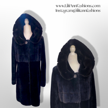 Load image into Gallery viewer, Jet Black Hooded Mink and Shearling Luxury Coat with Rhinestone Button