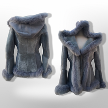 Load image into Gallery viewer, Gray Blue Suede Shearling Hooded Flare Bell Sleeve Coat