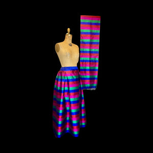 Rainbow Thai Silk Skirt Scarf Set Top Striped Pleats DEADSTOCK New Smithsonian Set Vibrant Colors-Magenta Royal Blue Red Green