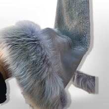 Load image into Gallery viewer, Gray Blue Suede Shearling Hooded Flare Bell Sleeve Coat