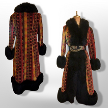 Load image into Gallery viewer, 60s Tapestry Carpet Coat Needlepoint Embroidered Red, Yellow, Gold, Black Shearling Russian Princess Coat Festive Winter