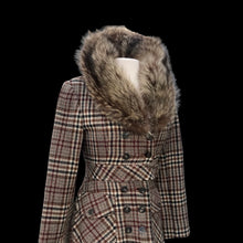 Load image into Gallery viewer, Vintage Tweed Plaid Coat with Fur Collar Fitted Flared Wool Petite