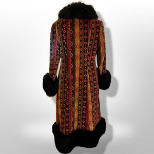 60s Tapestry Carpet Coat Needlepoint Embroidered Red, Yellow, Gold, Black Shearling Russian Princess Coat Festive Winter