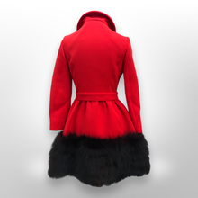 Load image into Gallery viewer, Women's Vintage Lilli Ann Coat- Lipstick Red Orange Bright 60's Mod Wool Thick Tiered Black Fox Fur Trim Fit Flare Princess Small Pinup
