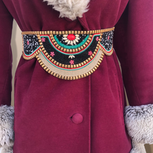 Load image into Gallery viewer, Women's Vintage Coat~ 70s Maroon Red Velveteen Velvet Shearling Tiered Princess Beaded  Belted Coat Fit Flare Penny Lane Almost Famous