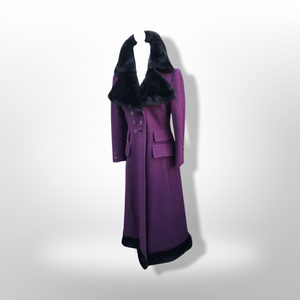 60’s 70’s Plum Purple Long Princess Coat with Sharp Tailoring and Faux Fur Trim