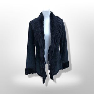 Vintage Black Suede Jacket Blazer Fitted with Tassle Fur Collar