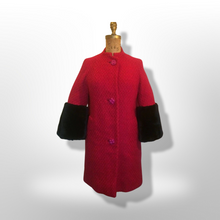 Load image into Gallery viewer, 60&#39;s Vintage Red Wool Coat A-Line With Sheared Beaver Fur Bell Sleeve Cuffs and Removable Scarf