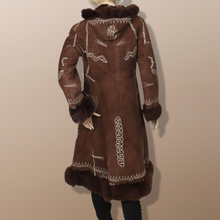 Load image into Gallery viewer, 70’s Penny Lane Brown Hooded Embroidered Suede and Shearling Coat Boho Princess Burning Man Authentic Vintage Hippy Princess