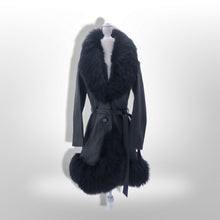 Load image into Gallery viewer, Vintage 60’s 70’s LIlli Ann Made in UK Black Leather Shearling Princess Boho Fit and Flare Coat Pinup