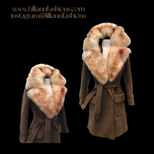 Load image into Gallery viewer, Tweed Plaid Wool Army Green Wrap Coat With Shearling Collar