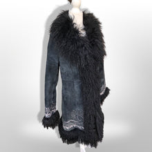 Load image into Gallery viewer, Vintage Black Suede Embroidered Mongolian Lamb Shearling Coat 38” Bust Penny Lane Boho