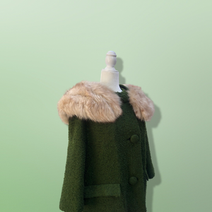 60’s Green Vintage Coat Wear Two Ways Removable Fox Fur Swing Coat Boucle Wool