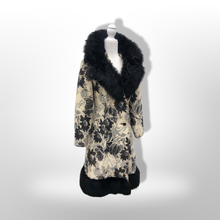Load image into Gallery viewer, 70’s Tapestry Carpet Floral Black and White Coat with Black Shearling Trim Penny Lane Boho Hippy Chic