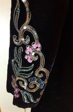 Load image into Gallery viewer, Vintage 30s 40s Coat- Velvet Black Embroidered Pink Beaded Film Noir Square Shoulders Angel Bell Sleeves Opera Valentine's Day Couture