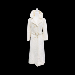 Vintage Robert Meshekoff Faux Persian Lamb Astrakhan White Belted Full Length Double Breasted Coat
