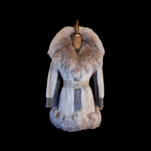 Load image into Gallery viewer, 60s Mod Cream Mink Lynx Massive Coyote Fox Fur Collar and Trim Leather- I magnin Fit Flare Princess Luxury 36&quot; Bust