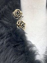 Load image into Gallery viewer, 70’s Tapestry Carpet Floral Black and White Coat with Black Shearling Trim Penny Lane Boho Hippy Chic