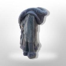 Load image into Gallery viewer, Gray Blue Suede Shearling Hooded Flare Bell Sleeve Coat