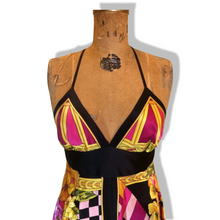Load image into Gallery viewer, Maxi Dress Asymmetrical Silk Made in Paris V Neck Pink Magenta Yellow Floral and Geometric S/M