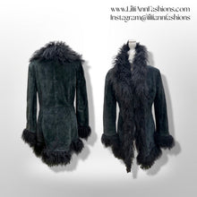 Load image into Gallery viewer, Vintage Black Suede and Curly Mongolian Bohemian Boho Hippy Coat Coachella Burning Man Goth