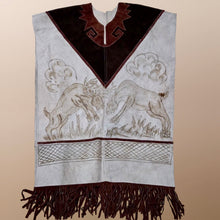 Load image into Gallery viewer, 70’s Suede Poncho Cape Equestrian Serape with Carved Two Bulls Fighting Scene Fringe Border One Size Fits All Cowboy Cowgirl Unisex Southwestern Mexican Native Boho One of A Kind