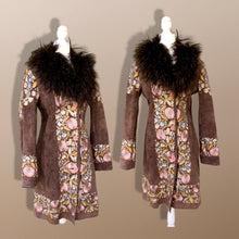 Load image into Gallery viewer, Vintage Deadstock Embroidered Pink Floral Brown Suede and Mongolian Lamb Coat Small Petite